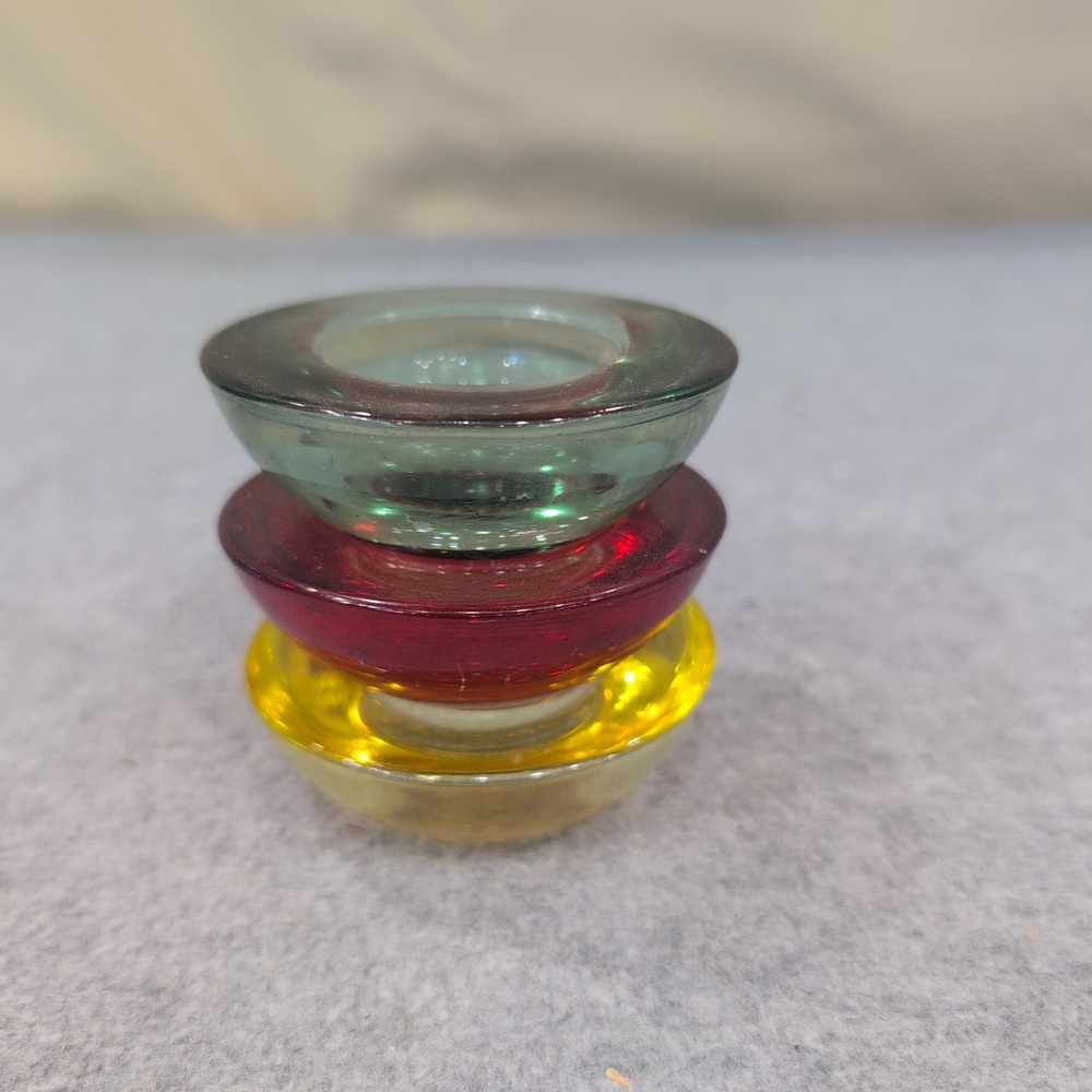 Vintage Set of 3 Glass Tealight Candle Holders Red Yellow Green Small Votive - Picture 2 of 2
